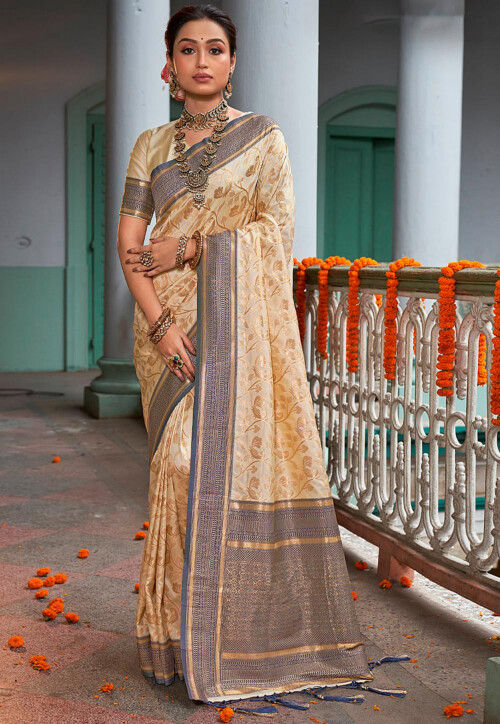 Cream Banarasi Silk Saree - Urban Womania