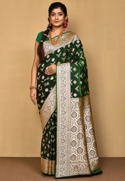 Dark green Silk Banarasi Saree - SR16576