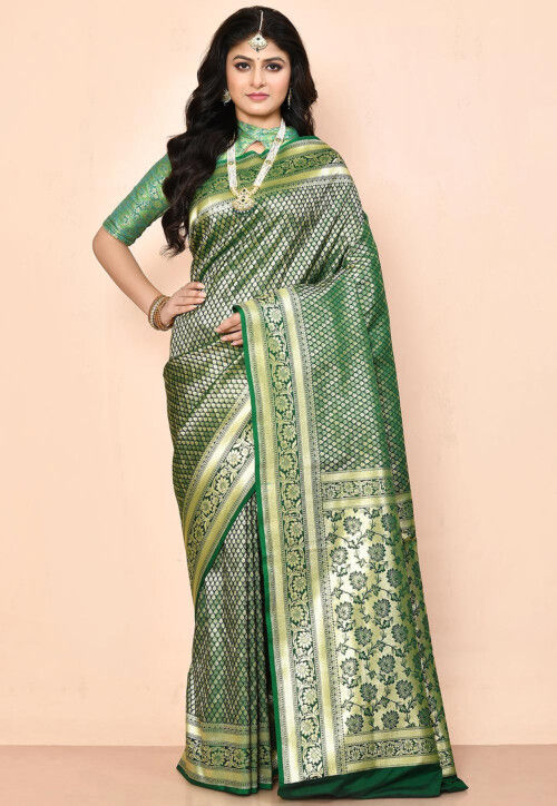 PRATHA STORE Women's Litchi Silk Designer Banarasi Saree (Kavya Rama)