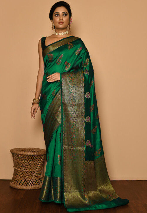 Buy Dark Green Banarasi Silk Wedding Wear Weaving Saree Online From  Wholesale Salwar.