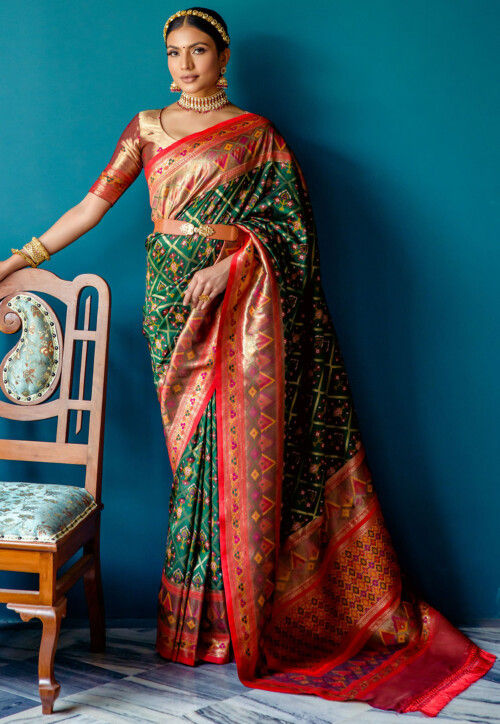 Dark Green Banarasi Silk Saree – Dailybuyys