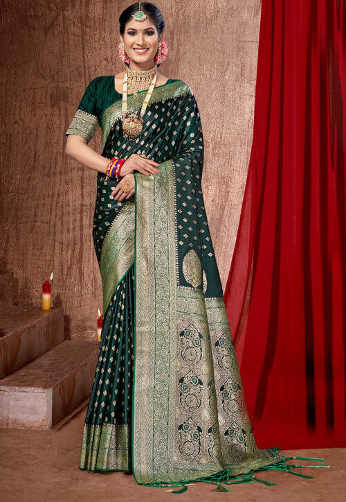 DARK GREEN MOST GORGEOUS TUSSAR SILK BANARASI SAREE - SHREE SAI TRADING -  4176474