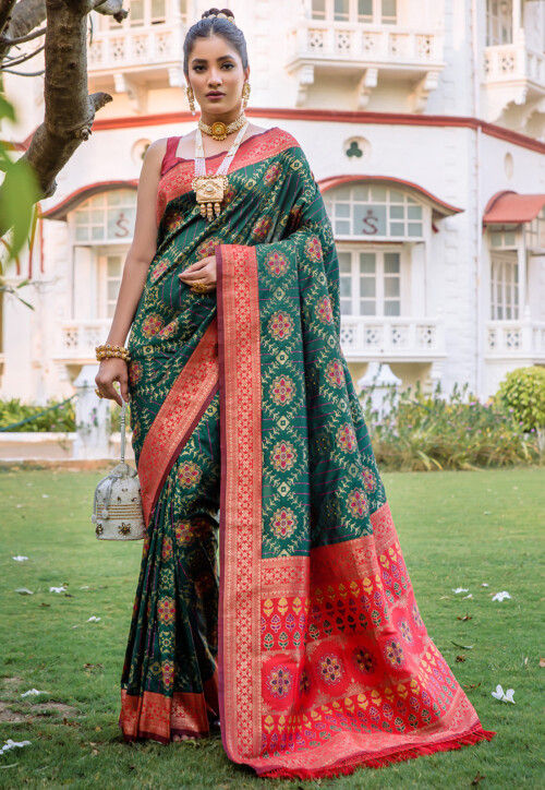 Dark Green Silk Banarasi Saree | Leemboodi