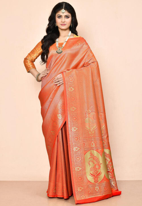 Vishal Prints Dark Orange Chiffon Saree With Foil Print And Zari Borde