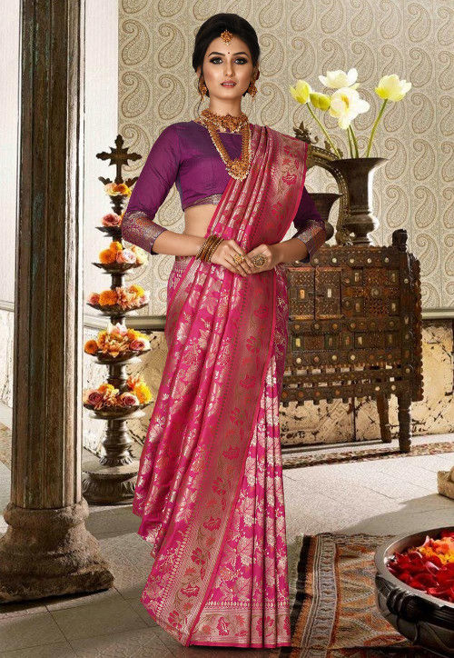 Rani Color Art Silk Fabric Banarasi Style Saree For Function