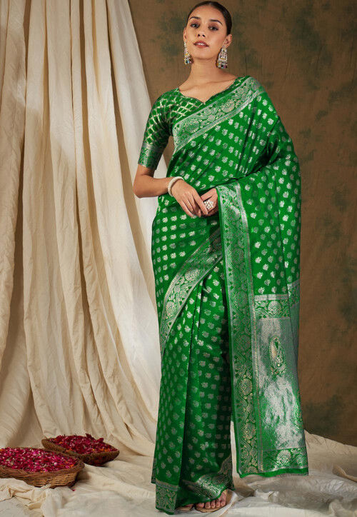 Attractive Green Woven Banarasi Silk Saree With Blouse