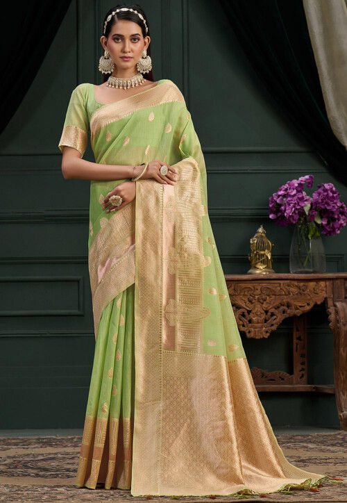 Pista Green Pure Banarasi Khaddi Georgette Saree - Aura Benaras