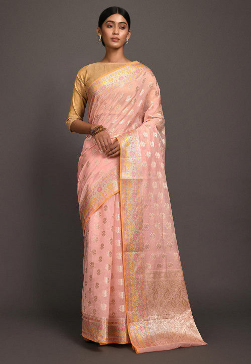 Peach Color Soft Silk Banarasi Saree With Copper Zari Work – Tulsi Designer