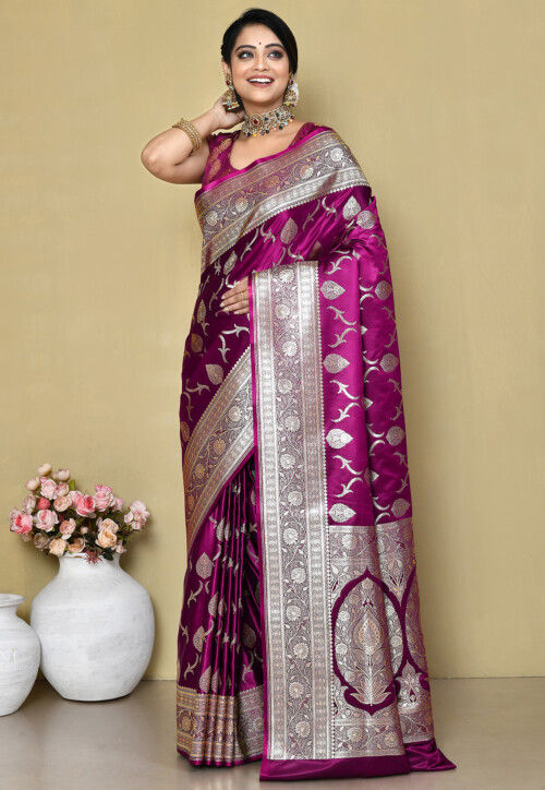 Silk Saree with blouse in Magenta colour 10176