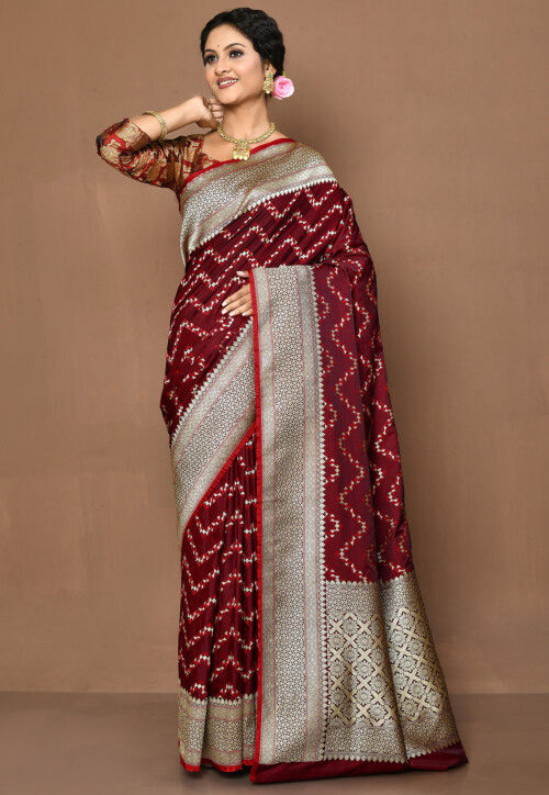 Buy Angoshobha Maroon Linen Saree with Silver Zari Pallu and Border with  Unstitched Blouse online