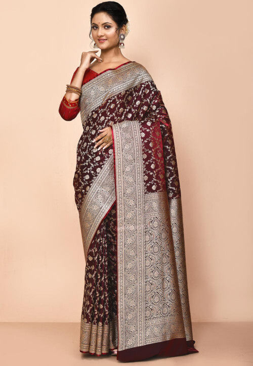 Buy Party Wear Maroon Banarasi Silk Weaving Saree Online