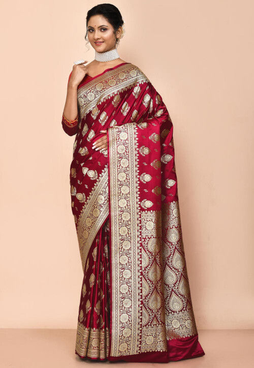 MAROON RED BANARASI WOVEN SATIN SILK SAREE – Zaribanaras global