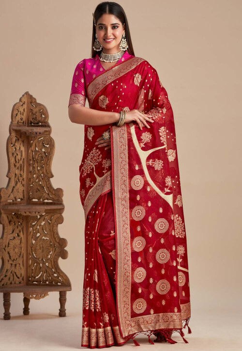 Maroon Casual Wear Printed Chiffon Saree with Banarasi Border