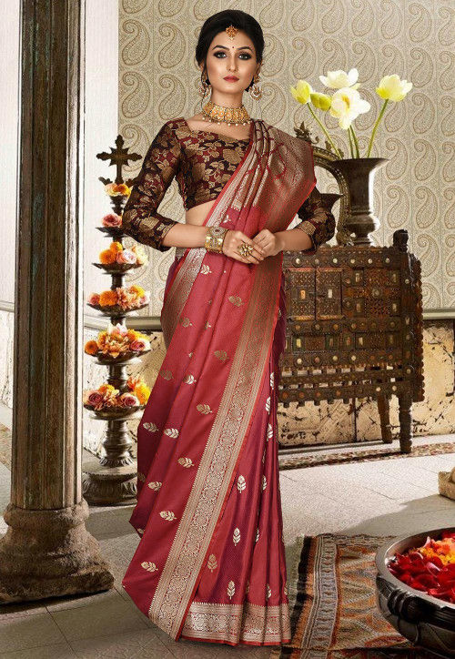 Deep Maroon Pure Katan Silk Banarasi Shikaargah Handloom Saree - Tilfi