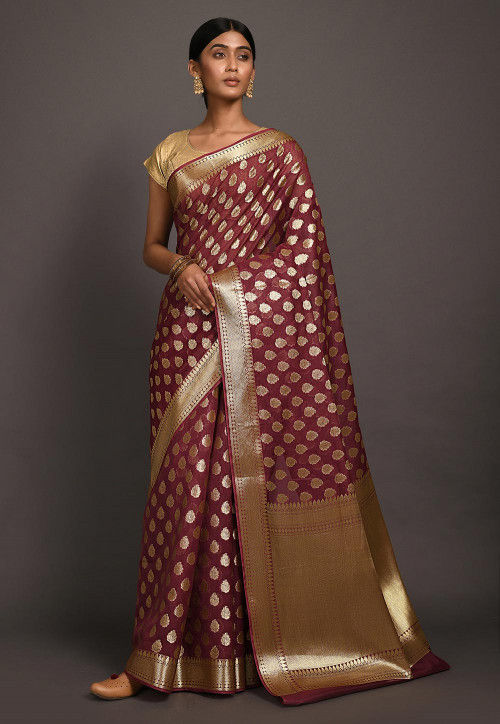Banarasi Golden Zari Weaving Dark Maroon Saree With Blouse Piece