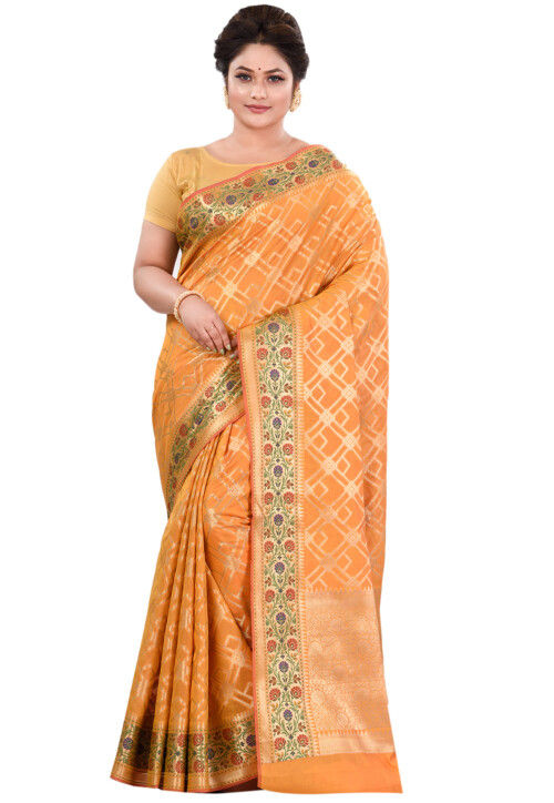 Orange Banarasi Silk Saree With Blouse 232543