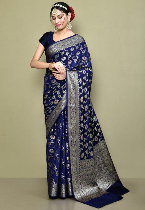 Blue And Red Banarasi Silk Saree