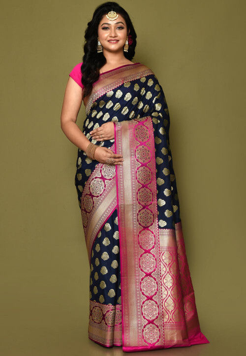 Navy Blue and Pink Banarasi Silk Saree - Urban Womania