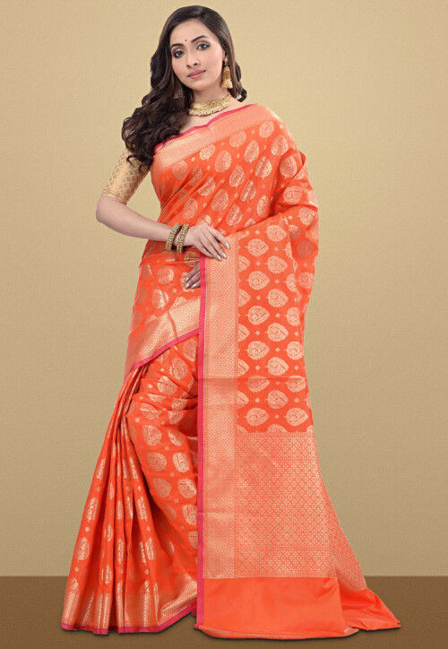 Buy Naeusa Designer Half & Half (Patli) Banarasi Satin Silk Saree (Orange)  Colour with Blouse for Womens Online at Best Prices in India - JioMart.