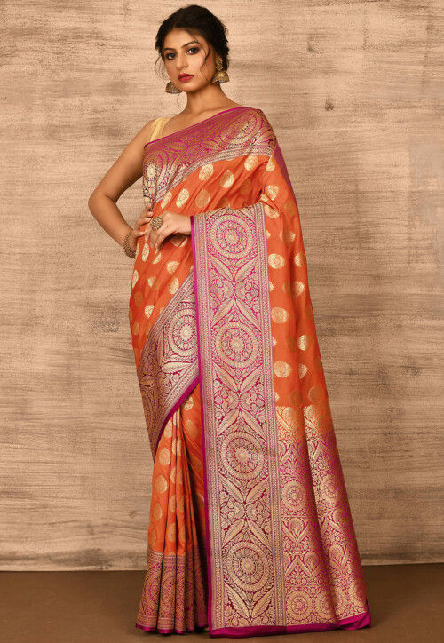 Buy Orange Color Banarasi Silk Fabric Saree with Stone Work Online -  SREV2638 | Appelle Fashion