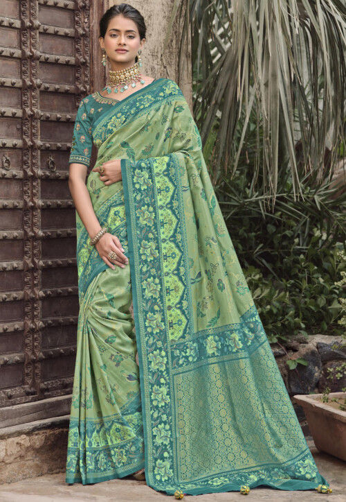 Embellished Chiffon Saree in Pastel Green : SCBA2713