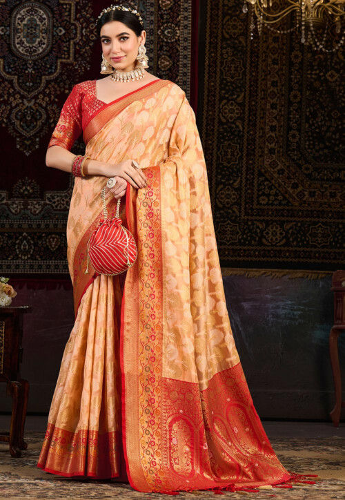 Buy Dark Peach Designer Banarasi Silk Classic Wear Sari | Party Wear Sarees