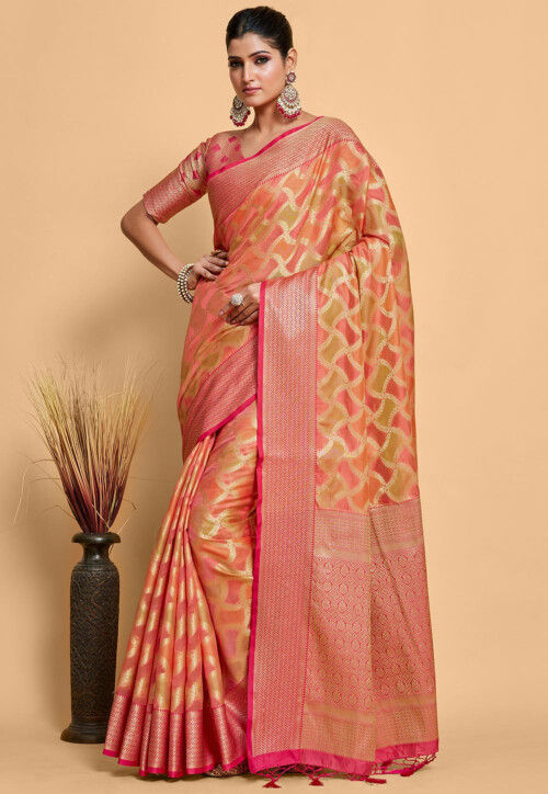 Peach Banarasi Gold & Silver Zari Gharchola Cutwork Brocade Handwoven Katan  Silk Saree - By HolyWeaves, Benares