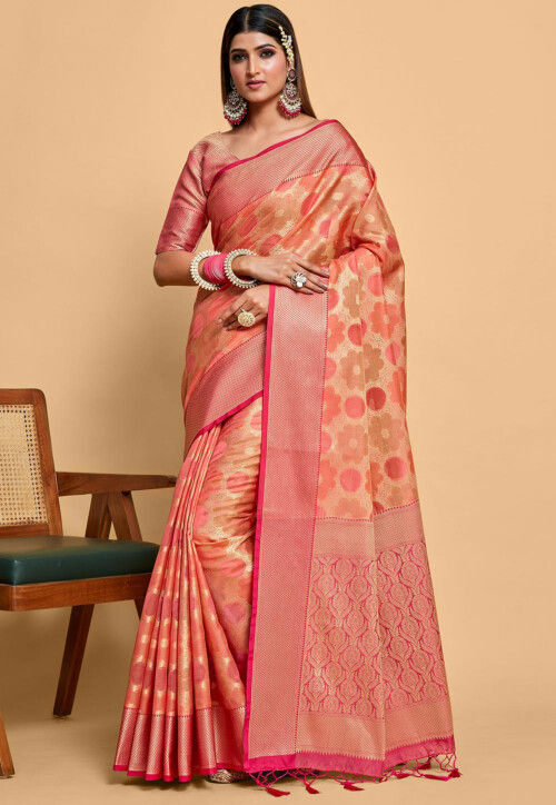 Moiety Peach Soft Banarasi Silk Saree With Impressive Blouse Piece –  LajreeDesigner