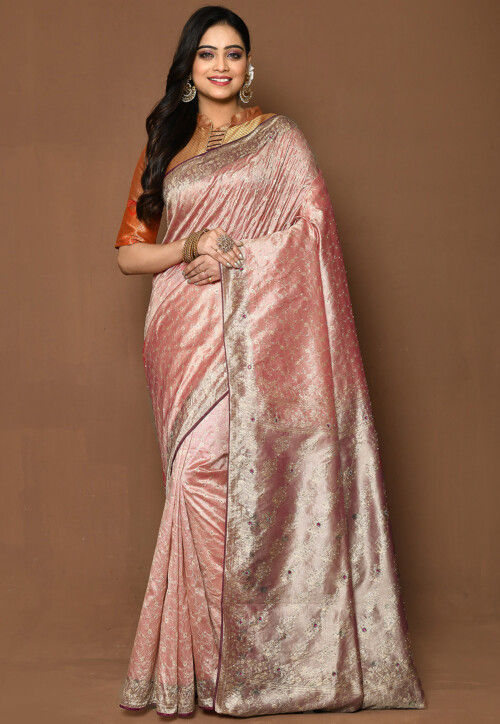 Light Peach Pure Kora Silk Handwoven Banarasi Saree - Tilfi