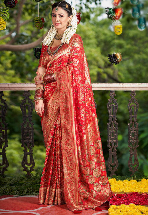 Buy Red Banarasi Silk Wedding Wear Weaving Saree Online From Wholesale  Salwar.