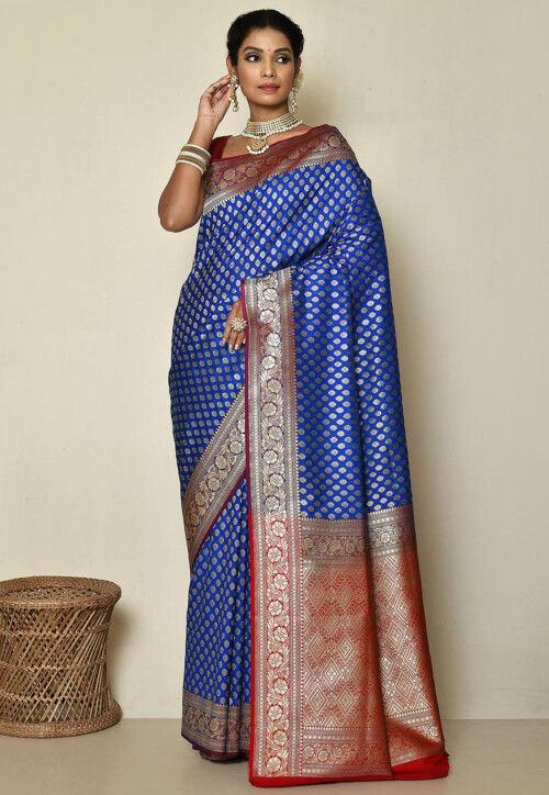 Red and blue combination banarasi saree discount
