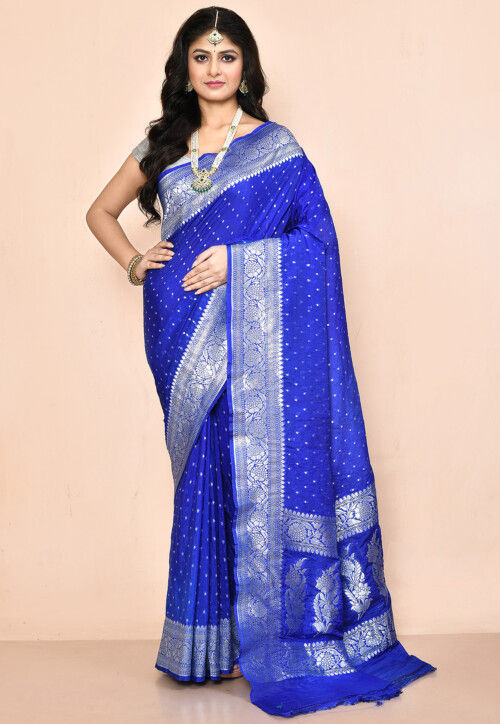 Royal blue woven banarasi saree with blouse - SAREEFLAME - 3270833