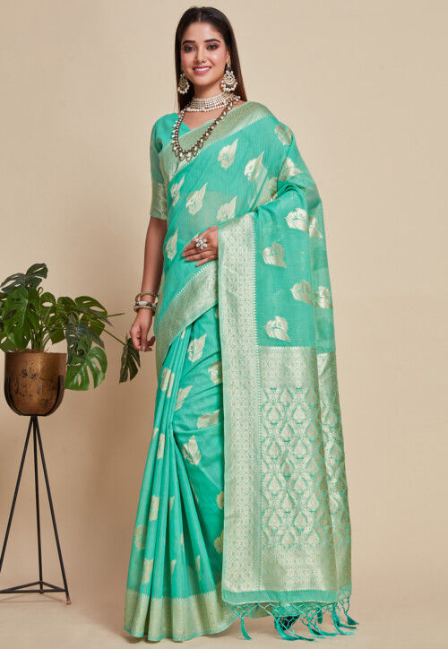 sea green woven banarasi saree with blouse - Monjolika - 3085440