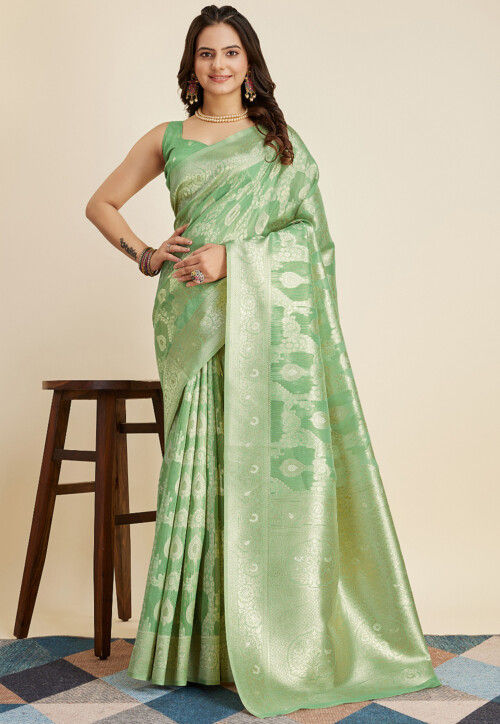 Banarasi Saree in Cream and Teal Green : SPF9702