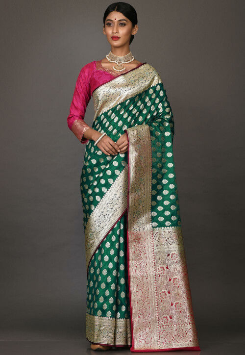 Banarasi Semi Chiffon Saree Gold Zari Floral Buti Weaving-Deep Green –  Banarasikargha