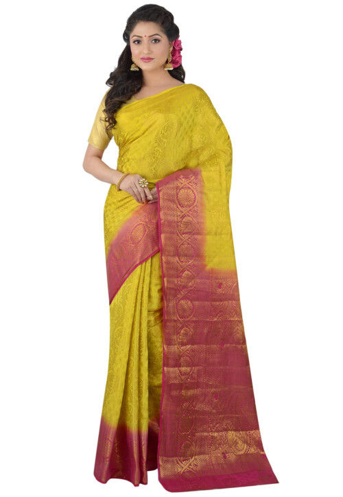 Yellow And Red Color Banarasi Silk Saree | Saree designs, Saree, Soft silk  sarees