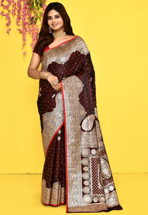 Banarasi Satin Silk Saree in Dark Brown