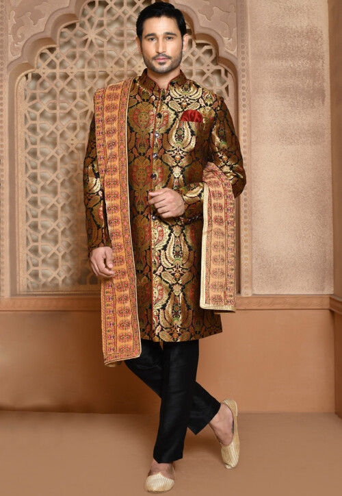 Buy Banarasi Sherwani in Black and Gold Online MFG404 Utsav Fashion