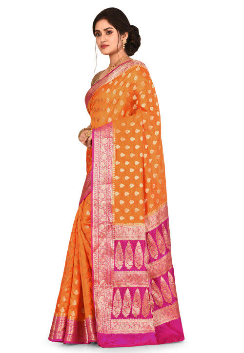 Light Orange Banarasi Silk Cotton Saree. main image 1