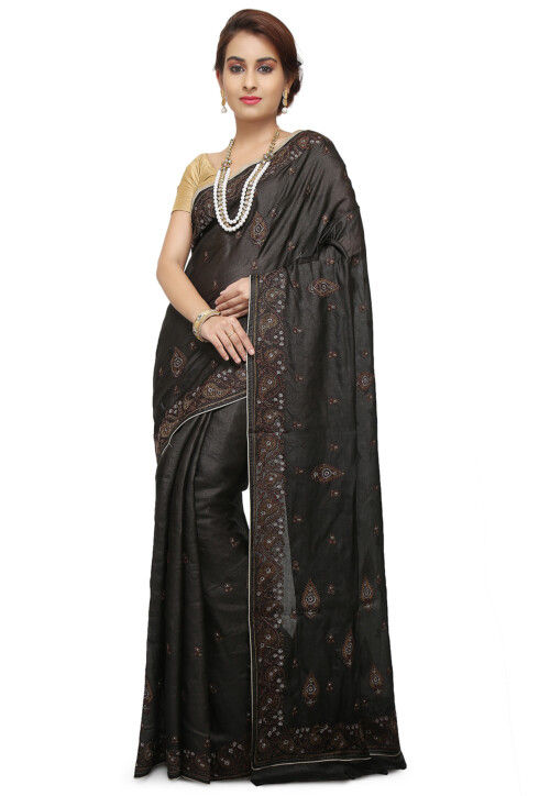 Black Tussar Silk Embellished & Hand Painted Saree Set Design by Label  GehnaSamah at Pernia's Pop Up Shop 2024