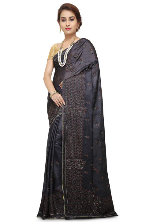 Festive, Traditional Black and Grey color Tussar Silk fabric Saree : 1847690