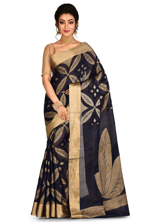 Onyx Black Tussar Silk Saree with Thread & Sequins Embroidery | Fancy sarees,  Party wear sarees, Tussar silk saree