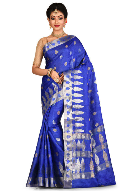 Beautiful Blue Floral Tussar Silk Sarees – Dailybuyys