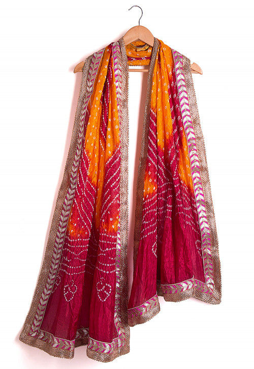 Bandhej Art Silk Dupatta in Shaded Mustard and Maroon