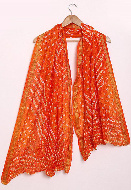 Bandhej Art Silk Dupatta in Shaded Orange