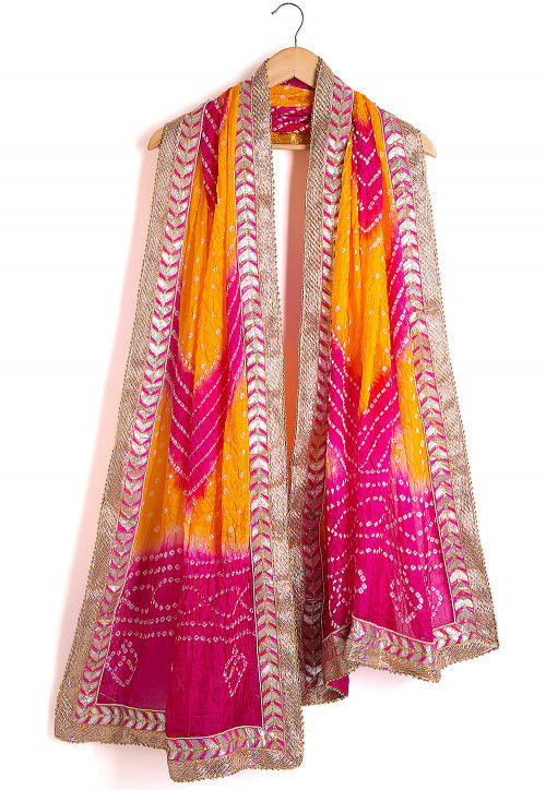 Bandhej Art Silk Dupatta in Yellow and Fuchsia
