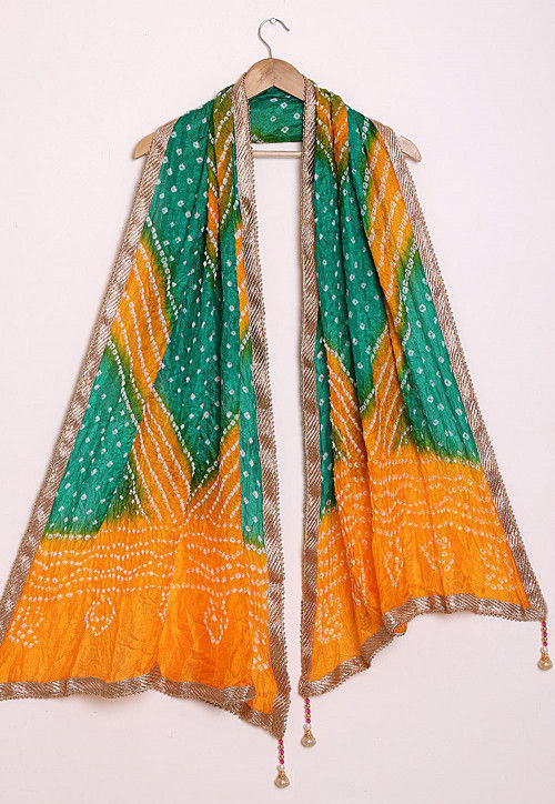 Bandhej Art Silk Dupatta in Yellow and Green