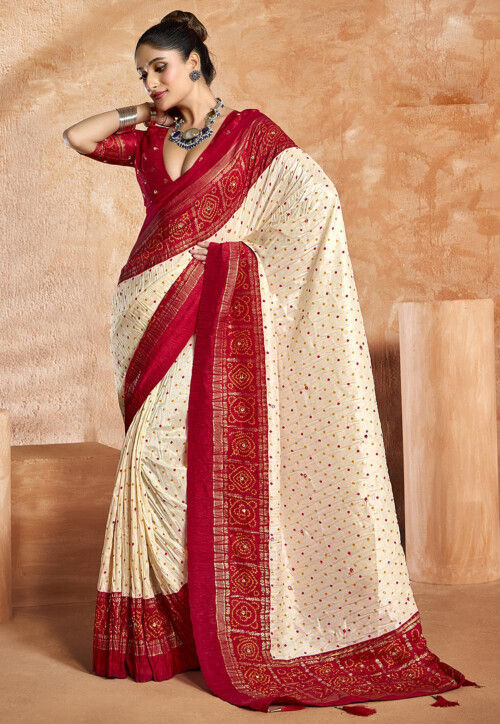 Bandhej Art Silk Saree in Cream