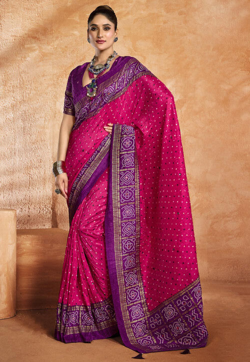 Bandhej Art Silk Saree in Fuchsia
