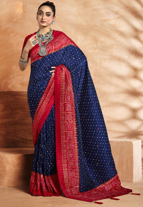 Bandhej Art Silk Saree in Navy Blue